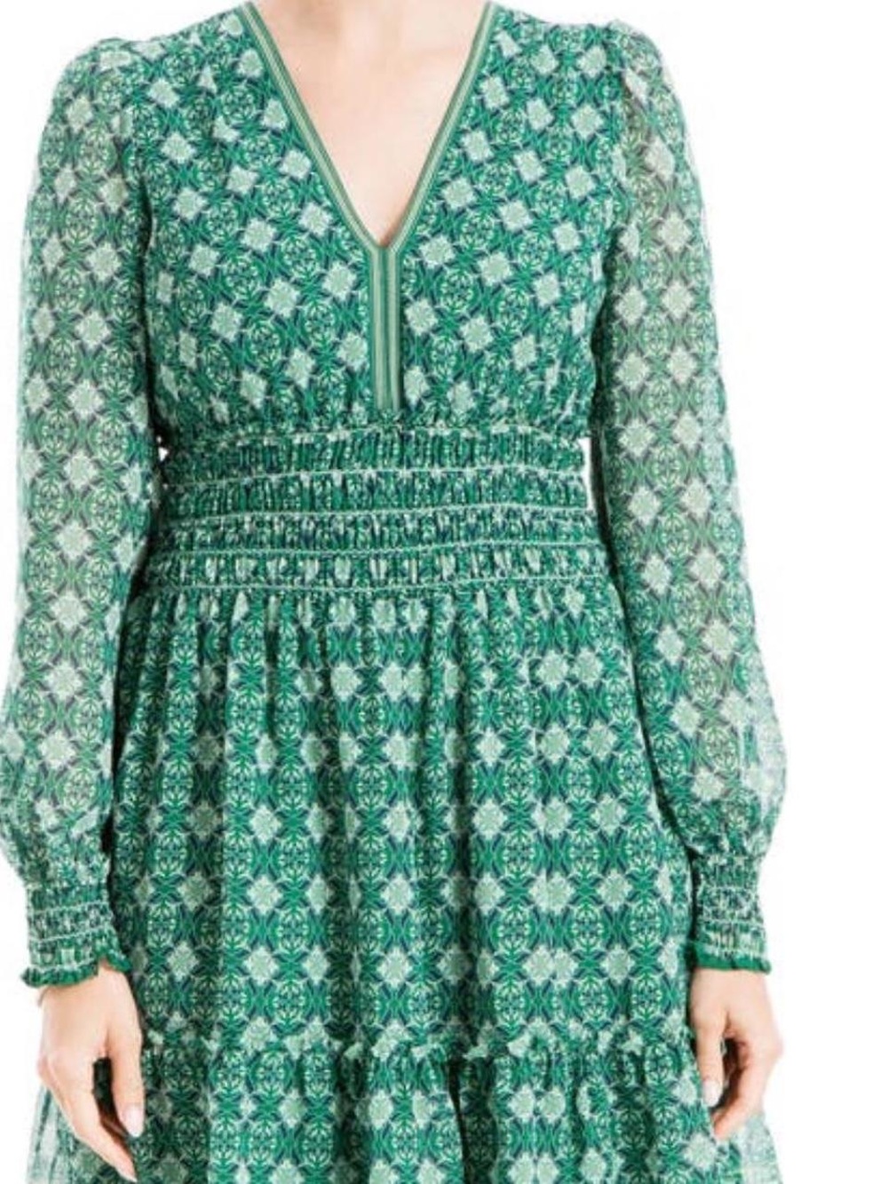 Max Studio Green Printed V-Neck Smocked Midi Dress